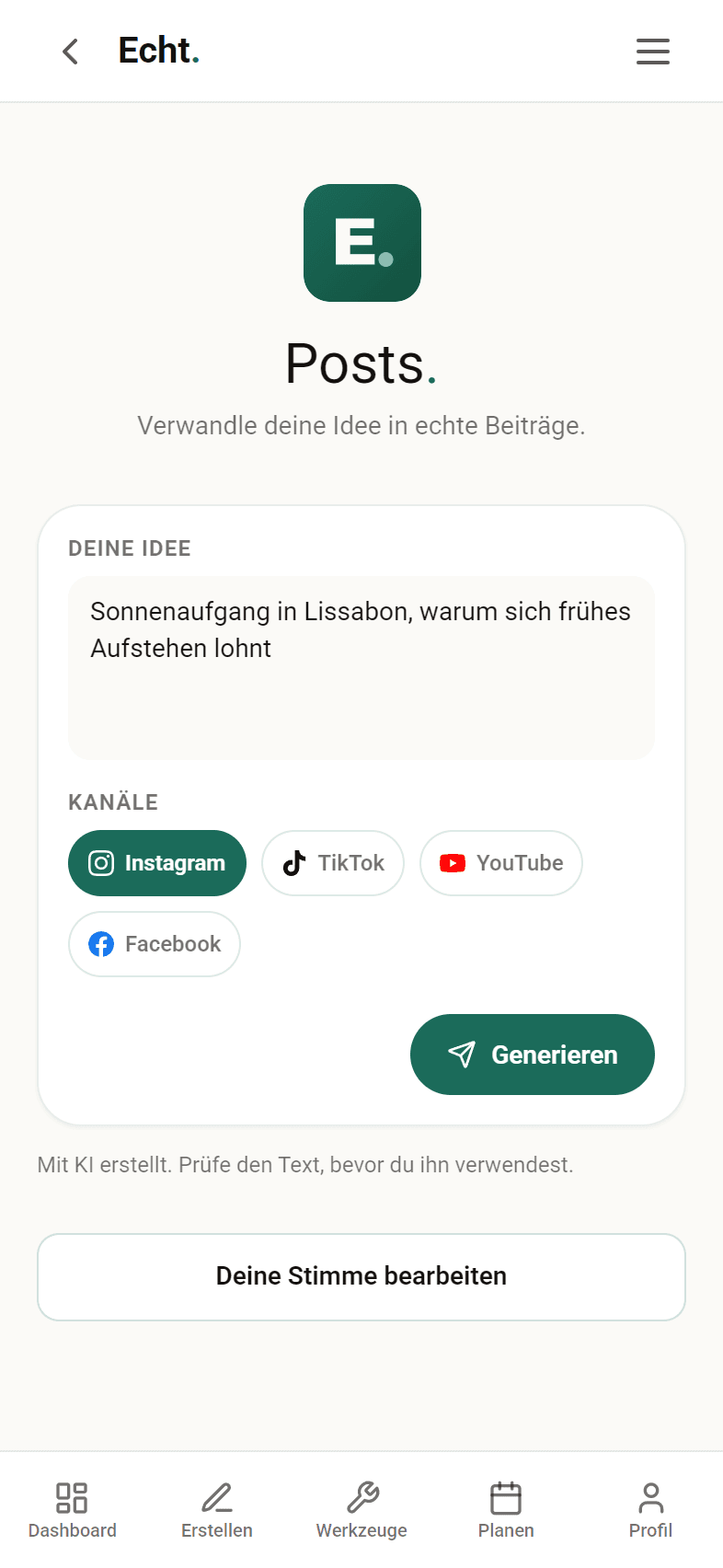 ECHTAPP auf dem Handy: Seite „Posts.“ mit der Idee „Sonnenaufgang in Lissabon“, Instagram ist ausgewählt.